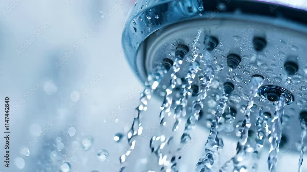 Closeup of water droplets cascading from a shower head during a refreshing shower moment, Closeup of water drops in the shower head Closeup of water droplets cascading from a shower head during a refreshing shower moment, Closeup of water drops in the shower head