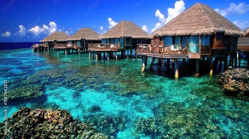 A serene beach in the Maldives with overwater bungalows reflecting on turquoise waters, where couples relax on private decks and snorkelers explore vibrant coral reefs below. A serene beach in the Maldives with overwater bungalows reflecting on turquoise waters, where couples relax on private decks and snorkelers explore vibrant coral reefs below.