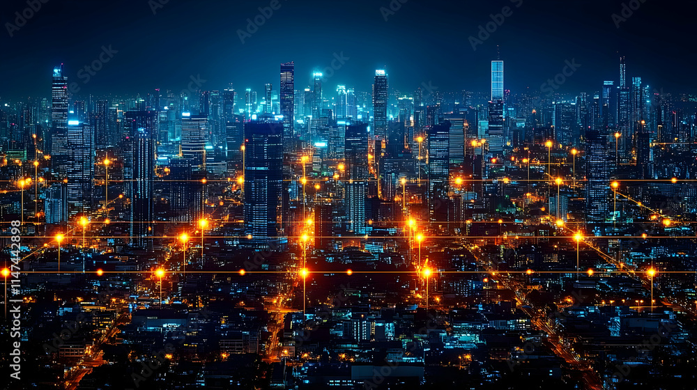 Fototapeta premium Urban Nightscape: City Lights & Network Connections