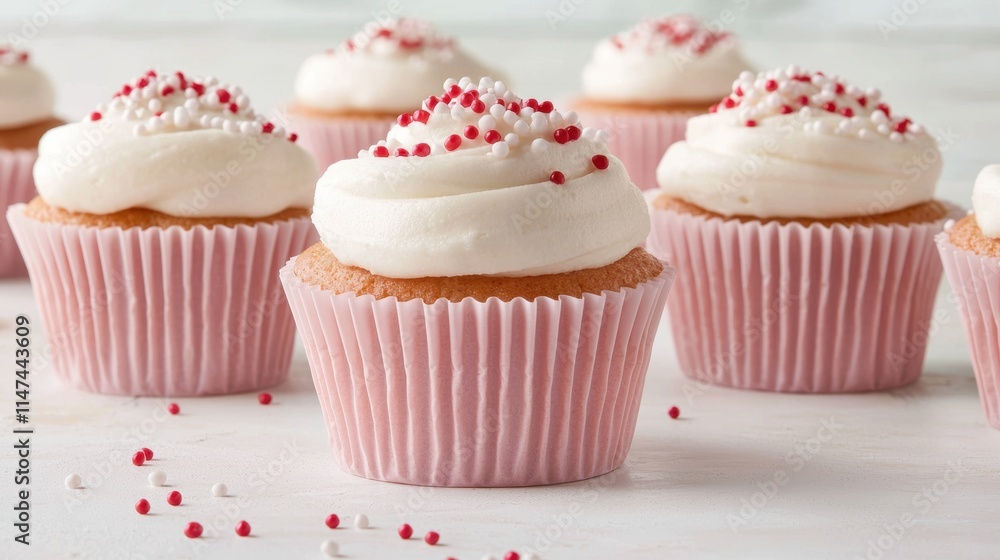 Pink Cupcakes with White Frosting and Red Sprinkles on White Background Pink Cupcakes with White Frosting and Red Sprinkles on White Background