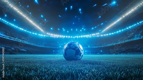  Soccer ball on the grass in a modern stadium with blue bright floodlights