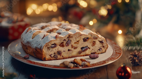 German-style stollen filled with various dried fruits soaked in rum, Christmas dessert, slices of stollen , christmas cookies on the table photo