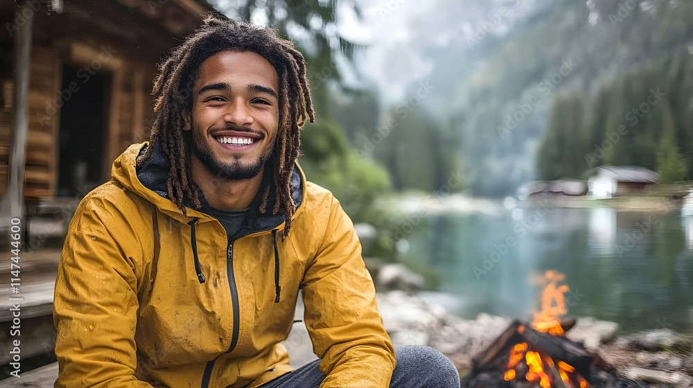 Smiling Man Enjoys Nature's Beauty by Campfire Smiling Man Enjoys Nature's Beauty by Campfire