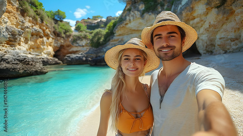 Couple Takes Stunning Beach Selfie, Turquoise Waters, Sunny Day photo