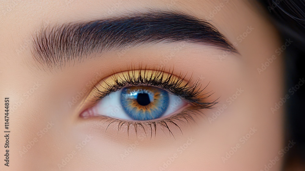 Fototapeta premium A close-up view of a striking blue eye with golden-toned makeup, showcasing long lashes and well-defined brows.