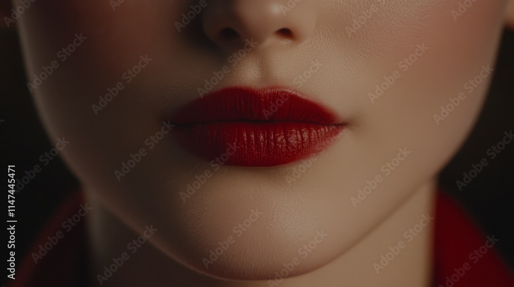 A close-up of a woman's lips, adorned with striking red lipstick, emphasizing elegance and beauty against a dark background. A close-up of a woman's lips, adorned with striking red lipstick, emphasizing elegance and beauty against a dark background.