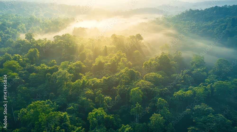 Aerial view of sunlit misty rainforest canopy at dawn. Aerial view of sunlit misty rainforest canopy at dawn.