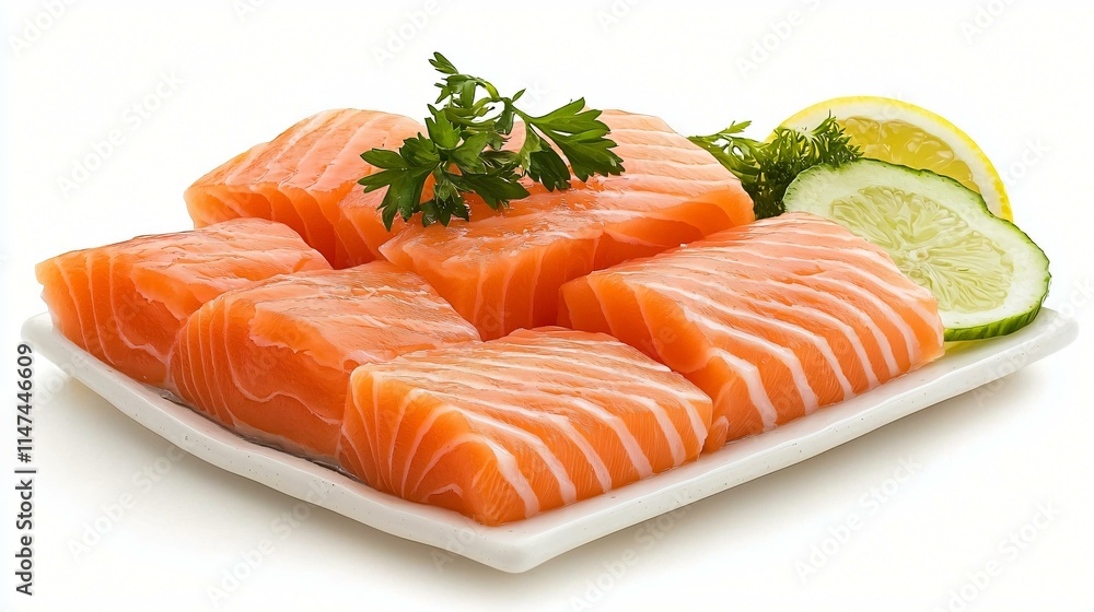 A clean presentation of raw sashimi-grade salmon and white fish slices on a ceramic platter with garnishes. A clean presentation of raw sashimi-grade salmon and white fish slices on a ceramic platter with garnishes.