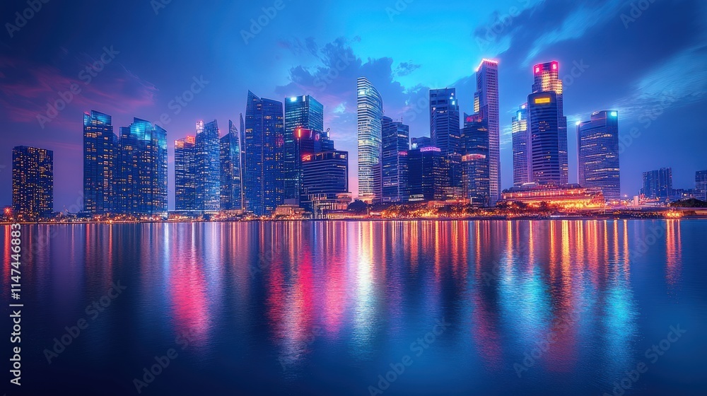 Obraz premium Night city skyline reflected in water.