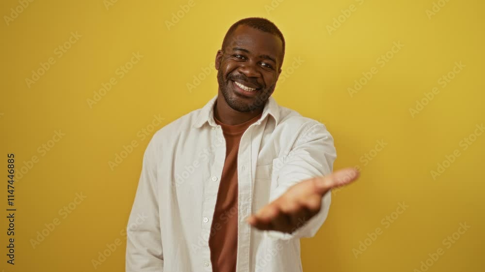 African american man in shirt standing with open palm offering assistance and acceptance over isolated yellow background African american man in shirt standing with open palm offering assistance and acceptance over isolated yellow background