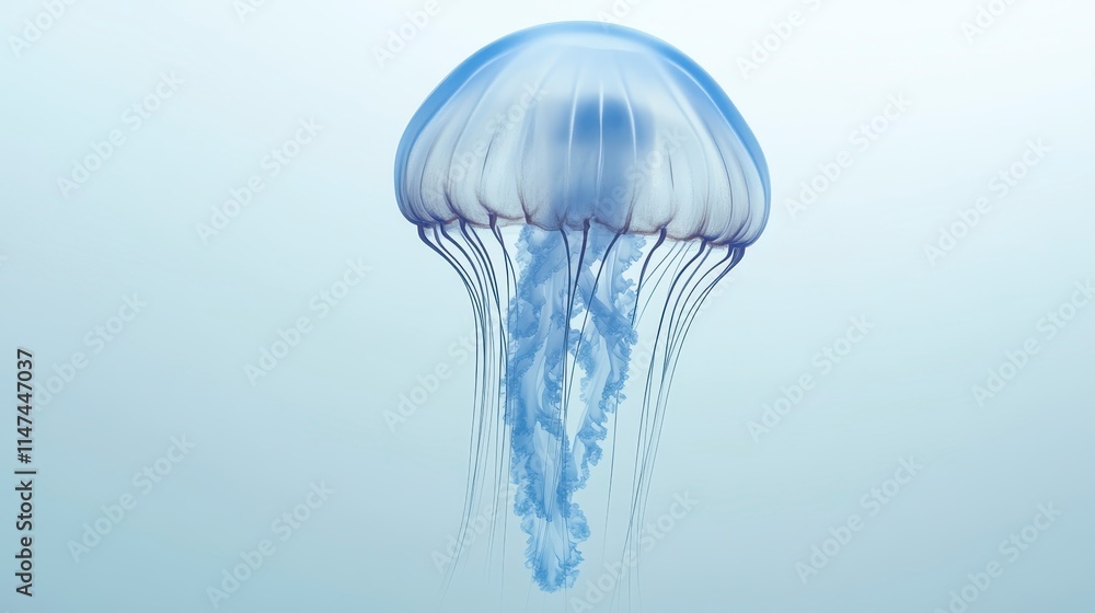 A translucent blue jellyfish gracefully floats in serene waters, showcasing its delicate tentacles and unique bell shape. A translucent blue jellyfish gracefully floats in serene waters, showcasing its delicate tentacles and unique bell shape.