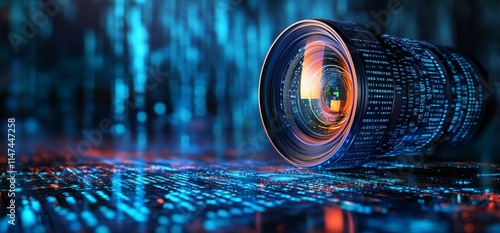 A camera lens with digital data patterns, symbolizing technology and innovation.