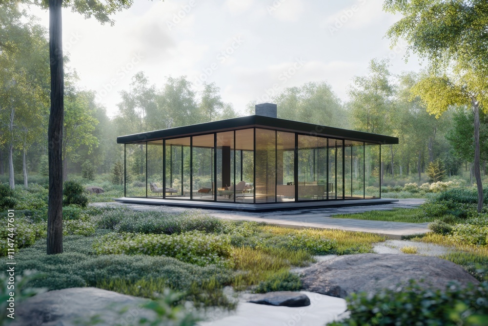 Obraz premium Modern glass house nestled in a lush green forest landscape.