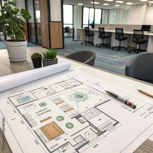 The architect design sketch on the table in the office, close-up concept.