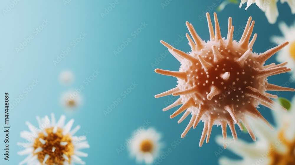 Pm 2.5 allergy concept. Close-up of stylized microorganisms against a gradient background, showcasing intricate details and textures, representing the world of microbiology. Pm 2.5 allergy concept. Close-up of stylized microorganisms against a gradient background, showcasing intricate details and textures, representing the world of microbiology.