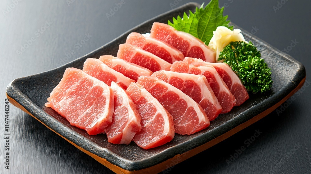 Fresh raw sushi-grade fish slices presented on a traditional Japanese tray, with elegant garnishes and precise arrangement. Fresh raw sushi-grade fish slices presented on a traditional Japanese tray, with elegant garnishes and precise arrangement.
