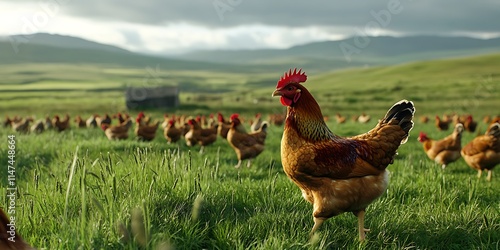 : A chicken running on the road, the weather is rainy and there are puddles of water around, it looks like an advertising photo, cinematic, and realistic. on white background No noise neat and clean photo