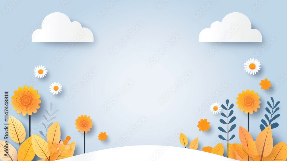 Bright and Lush Spring Background with Dynamic Plants and Flowers Against a Soft Blue Sky Bright and Lush Spring Background with Dynamic Plants and Flowers Against a Soft Blue Sky