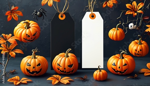 Halloween pumpkin decorations and gift tags autumn festivities graphic artwork cozy indoor setting close-up view seasonal celebrations photo