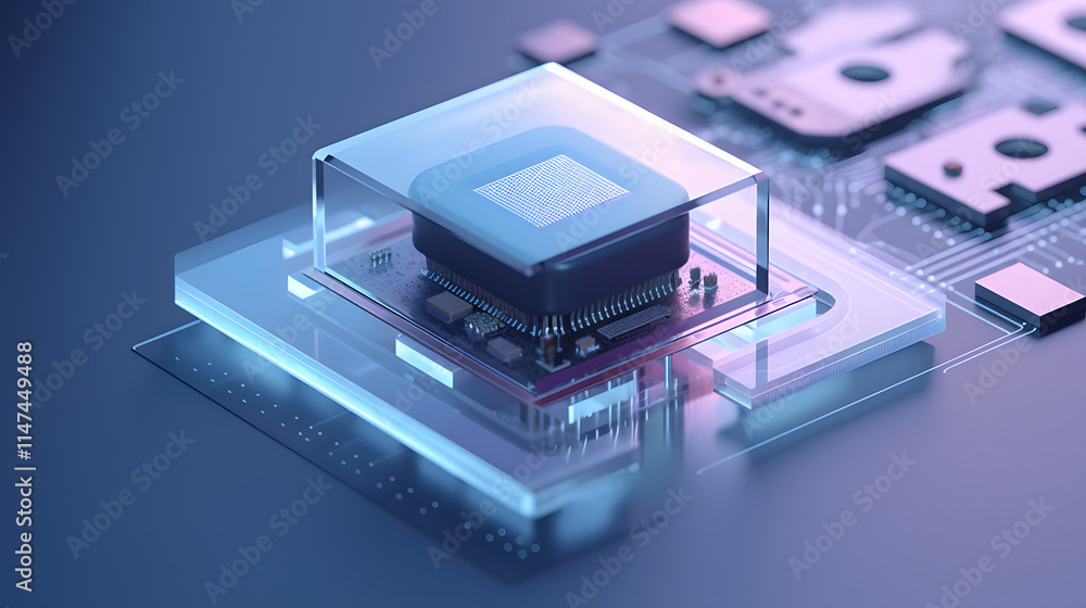 Fototapeta premium Isometric 3D CPU Close-Up, Transparent Technology Sense, Minimalist Icon Design, Clean Lines, Contemporary Style, Mechanical Keyboard, Semi-Transparent Frosted Glass Texture.