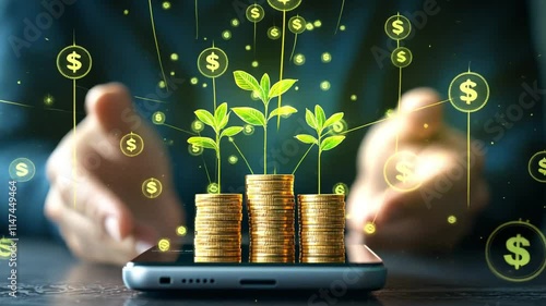 Digital investment concept with growing plants and coins