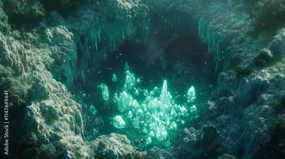 Obraz premium Glowing crystals in a dark cave.