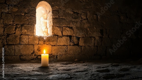 Candle burning low in an ancient chapel, soft shadows dancing on stone walls, reverent yet pensive, anticipation, emotion, waiting photo