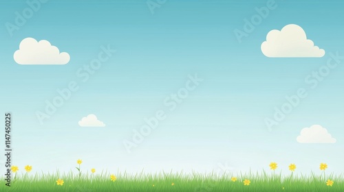 Simple Clean Flat Illustration of a Spring Meadow with Clouds and Wildflowers