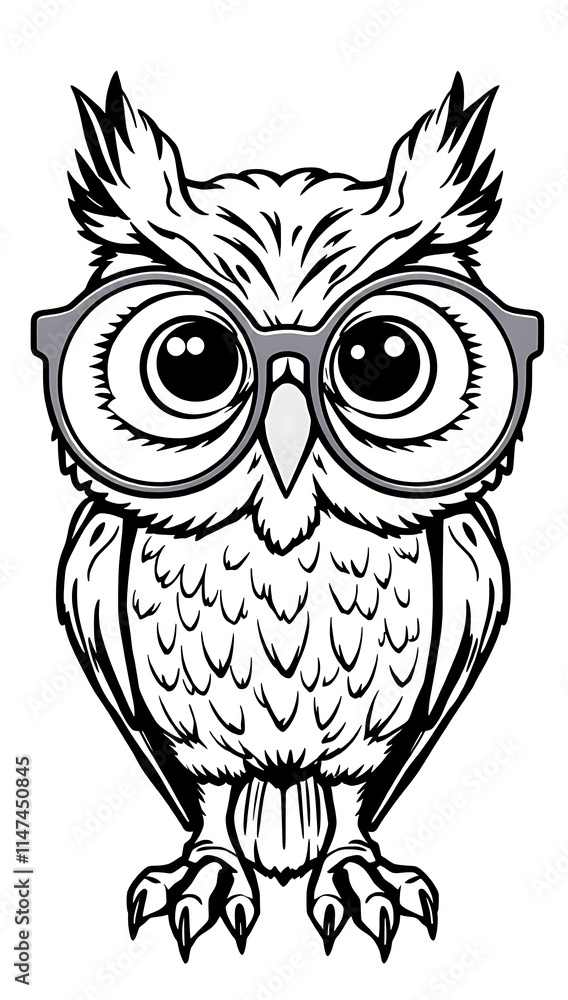 Fototapeta premium “Funny Owl with Oversized Glasses Outline Only, No Fill Color, Thicker Line” – A doodle of an owl with huge round glasses, drawn in a thick-lined outline style with no fill color on a plain white back