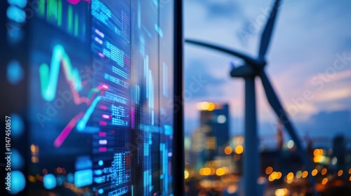 A large screen displaying financial data with a wind turbine in the background at sunset.
