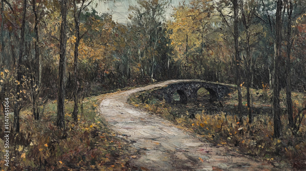 Serene autumn landscape featuring a rustic stone bridge and a winding path. Serene autumn landscape featuring a rustic stone bridge and a winding path.