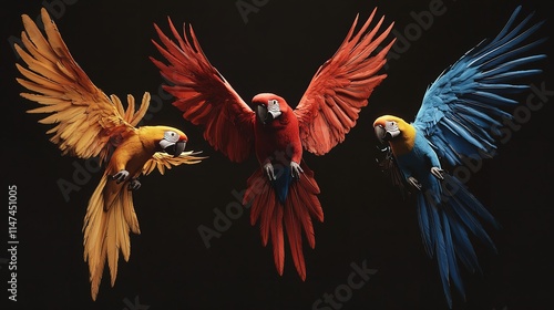Two red parrots, isolated on black background. Bright red and blue south american parrots, Ara macao, Scarlet Macaw, flying with outstretched wings, wild
