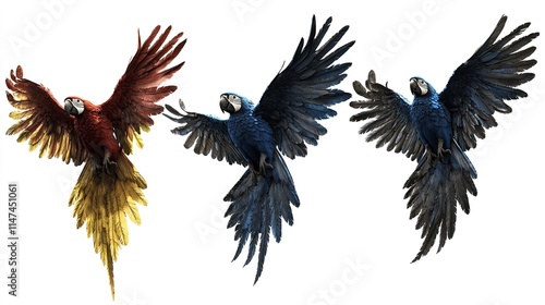 Two red parrots, isolated on black background. Bright red and blue south american parrots, Ara macao, Scarlet Macaw, flying with outstretched wings, wild