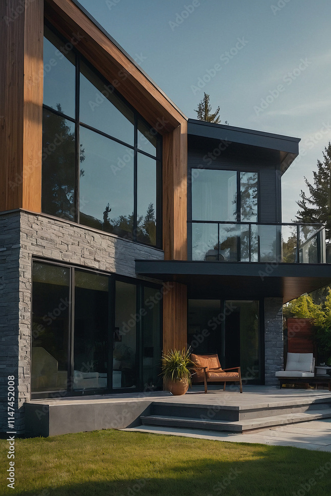 Obraz premium Modern home showcasing dark-framed windows, grey stone siding, and wood accents. Patio furniture is visible on the rear patio, which includes steps leading down to a grassy area.