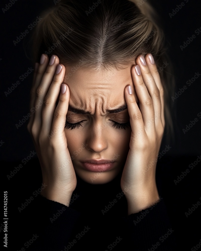 A woman with a distressed expression holding her head. A woman with a distressed expression holding her head.