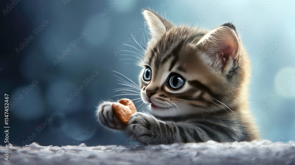 Adorable tabby kitten with big blue eyes holding a treat. Adorable tabby kitten with big blue eyes holding a treat.