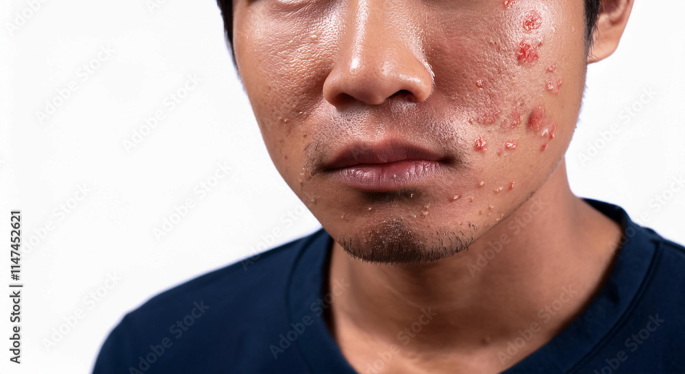Inflamed acne problem on Asian man face Inflamed acne problem on Asian man face