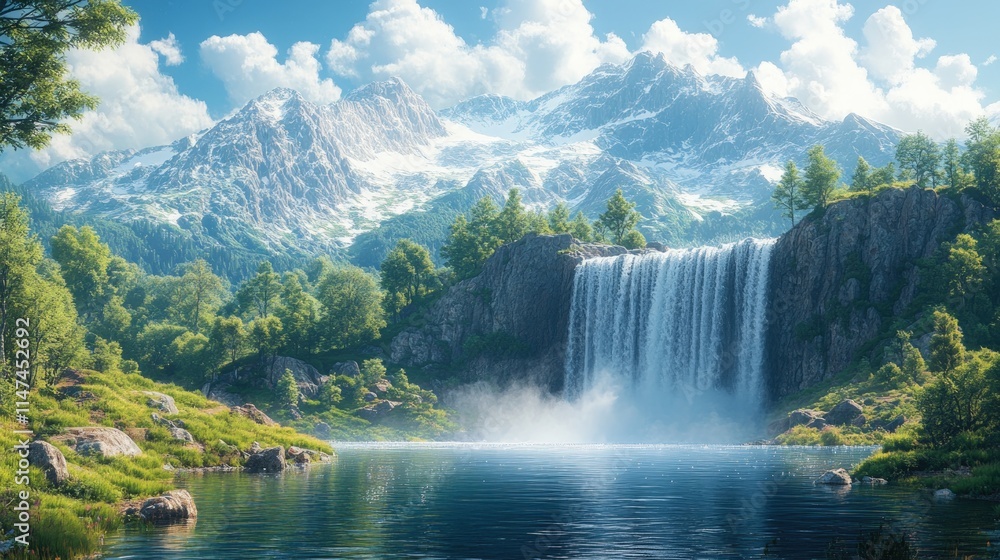 Serene waterfall cascades into mountain lake. Serene waterfall cascades into mountain lake.