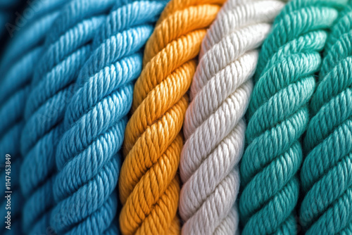 Close-up of a thick fishing rope coiled neatly on the deck, the texture of each strand clearly visible in yellow, blue and green photo