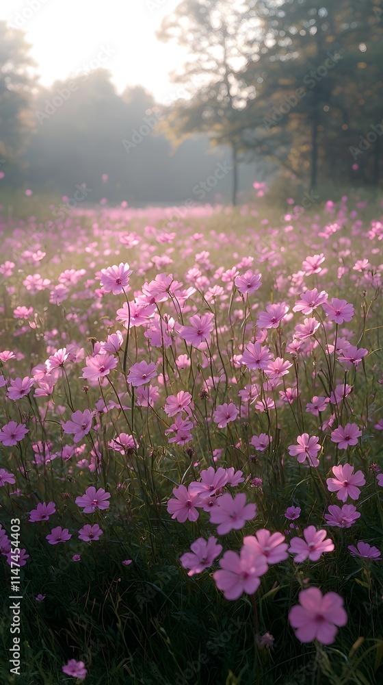 Obraz premium A breathtaking field of pink flowers swaying gently in the morning light, creating a serene and peaceful atmosphere amidst a soft, dreamy backdrop of trees.