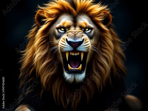 Majestic Roaring Lion Dramatic Dark Background Golden Mane photo