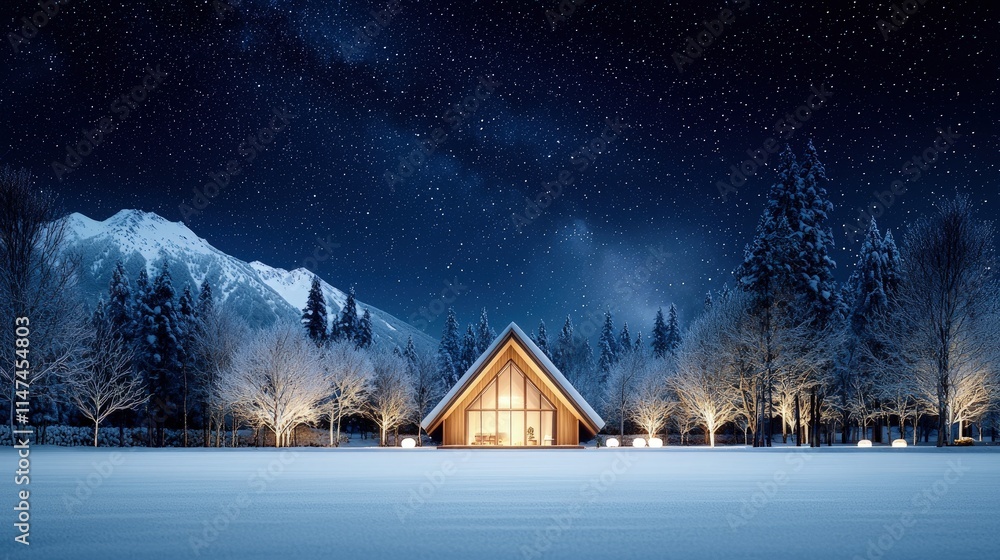 Cozy A-frame cabin in snowy mountain landscape at night. Cozy A-frame cabin in snowy mountain landscape at night.