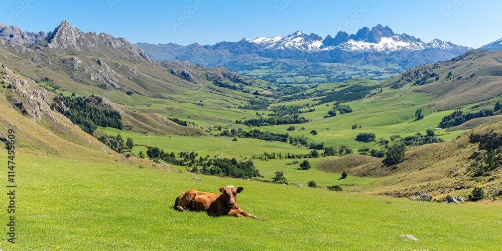 Relaxing Cow in Serene Green Meadow Majestic Mountain Range Nature Bright Sunny Day Wide Angle View Tranquil Rural Landscape Relaxing Cow in Serene Green Meadow Majestic Mountain Range Nature Bright Sunny Day Wide Angle View Tranquil Rural Landscape