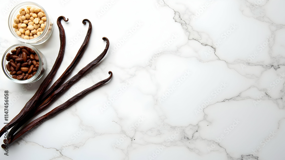 Fototapeta premium Aromatic Vanilla Beans and Nuts on Marble: Exquisite Ingredients, Culinary Delights Await!