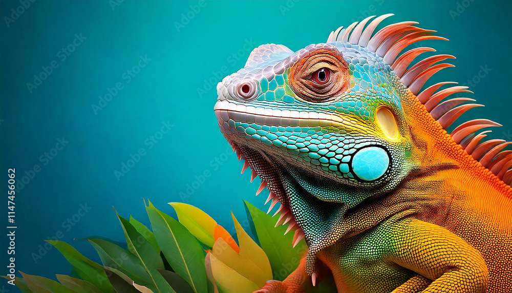 Obraz premium Vibrant iguana rests amid colorful tropical foliage.