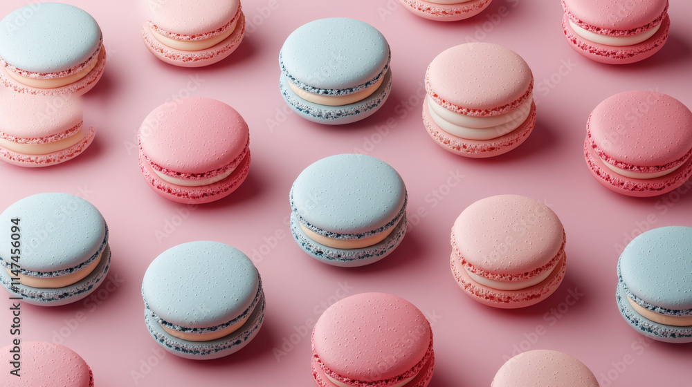 Obraz premium Delicious pastel macarons arranged on pink background, showcasing variety of colors and flavors. These sweet treats are perfect for any celebration or dessert table