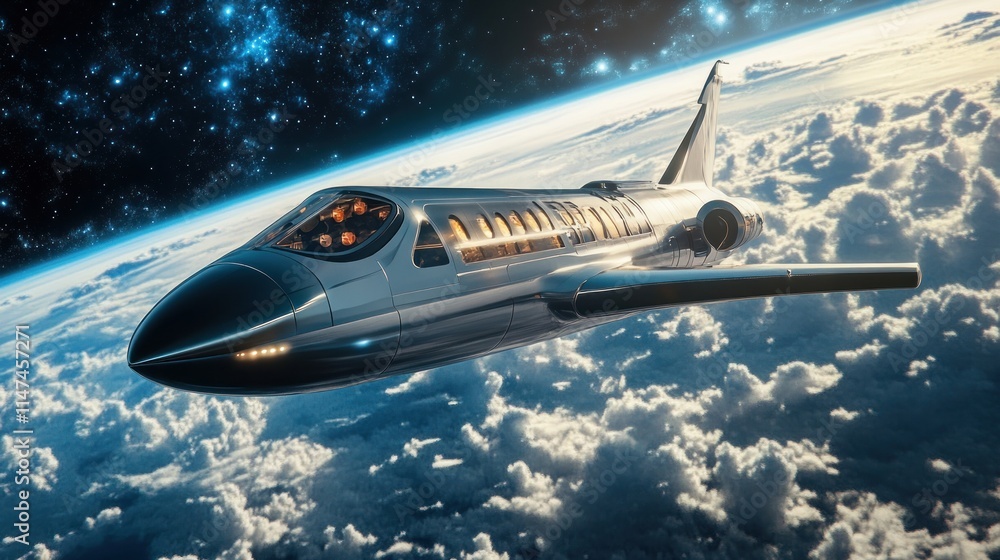 A futuristic private jet flies above the clouds, with a view of the Earth and space beyond. A futuristic private jet flies above the clouds, with a view of the Earth and space beyond.