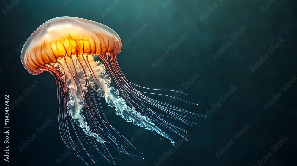 Fototapeta premium A stunning jellyfish gracefully swims through dark waters, showcasing its vibrant orange and white colors, with long, flowing tentacles.