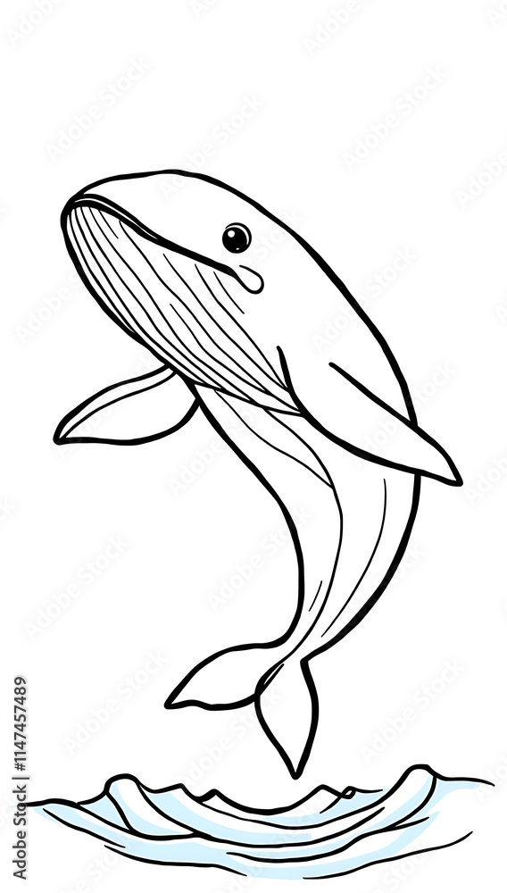 Fototapeta premium “Playful Whale Spouting Water Outline Only, No Fill Color, Thicker Line” – A doodle of a happy whale spouting water from its blowhole, drawn in thick lines with no fill color on a white background. 