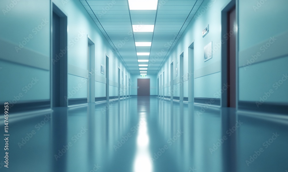 Obraz premium A serene hospital corridor with polished floors and softly lit doors.